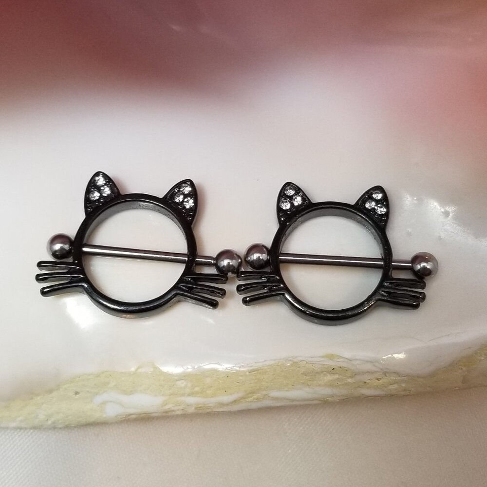 14G Black Cat Surgical Steel Clear CZ Gem Nipple Shield piercing jewelry